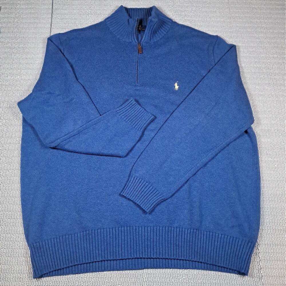 Polo Ralph Lauren Cotton Quarter Zip Sweater Blue Solid Men's 2XLT Yellow Pony